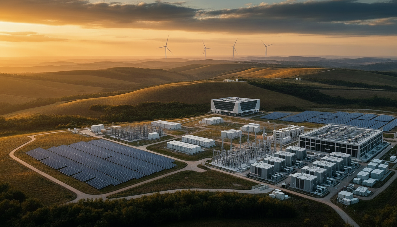 Energy infrastructure with wind turbines, solar panels, and pipelines